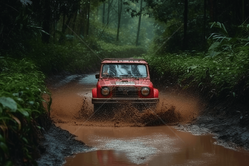 红色越野车驰骋在水坑山路图片