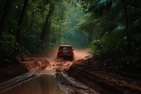 红色汽车行驶在泥泞山路上图片