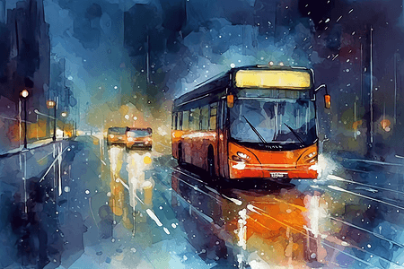 雨天车灯公交车行驶在雨天的街道插画