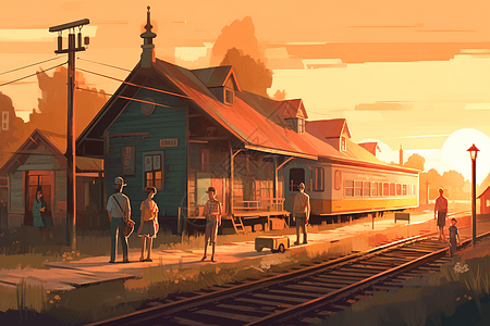 落日下的火车站插画图片