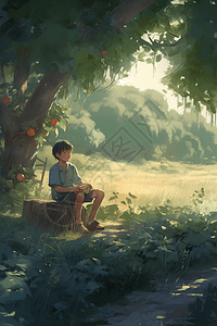 一个中国小男孩在树荫下享受西瓜图片