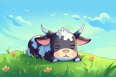 卡通可爱牛在绿色的草地上背景图片