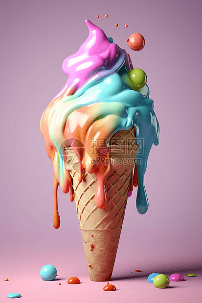 融化滴落的彩色冰淇淋图片