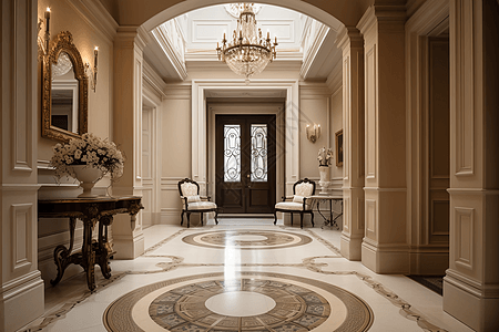 米色陶瓷经典别墅的入口大厅图片