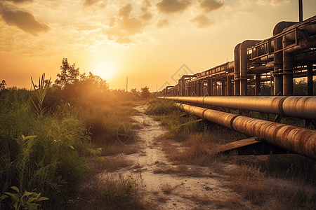 日落时石油工业厂房的管道和管架图片