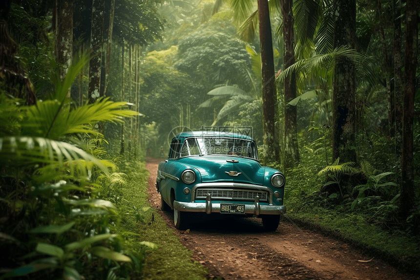 一辆老式汽车穿过丛林图片