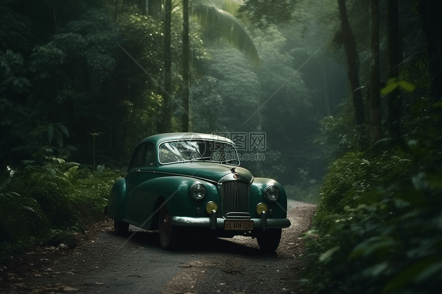 一辆老式汽车停在丛林图片