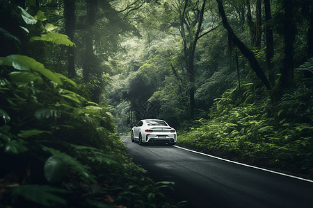 白色汽车在森林中飞驰图片
