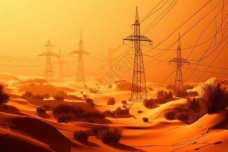 沙漠里的高架电线图片