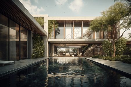现代水景别墅室外3d渲染效果图高清图片
