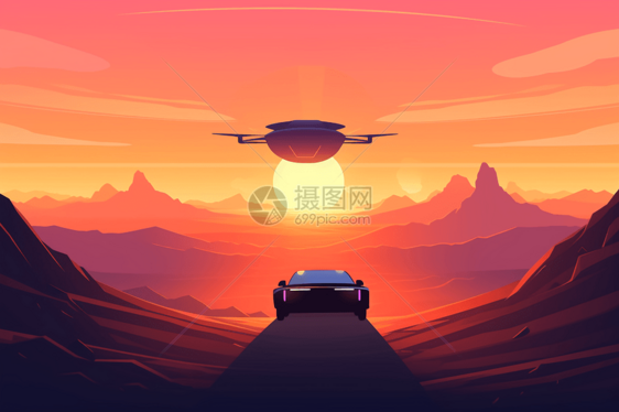 一辆飞行汽车在沙漠上空插画图片