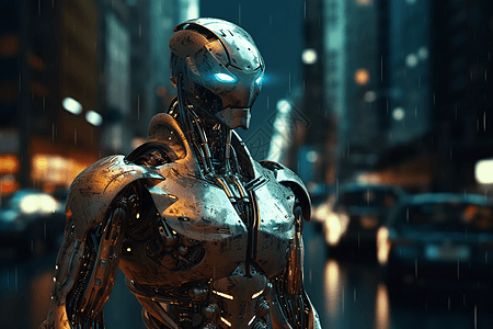 科幻机甲未来城市的智能金属机器人设计图片