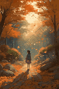 行走在落叶飘零小路上的女孩图片