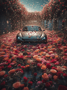 鲜花里的汽车图片