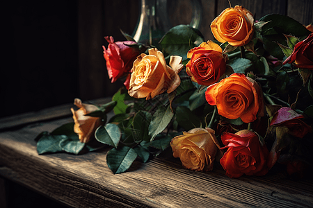 木制桌子上的玫瑰花图片