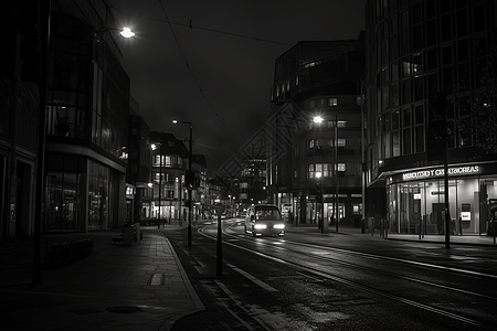 黑白照片的夜晚城市街景图片