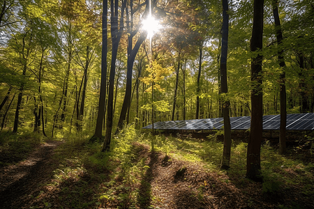 环保的太阳能板在树林里背景图片