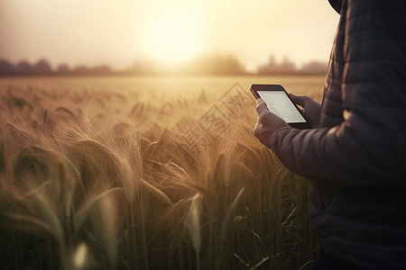 农民用手机检测农业数据图片