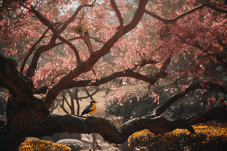 花和小鸟沐浴在明媚阳光下的花和鸟背景