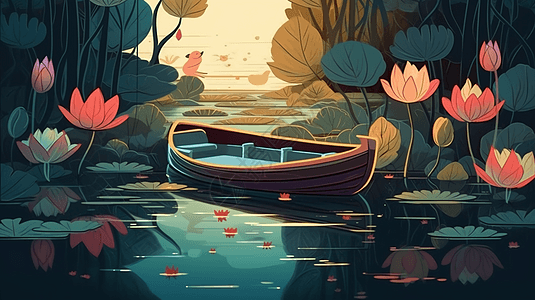 小船在池塘上漂浮图片
