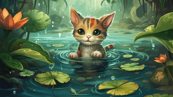 小猫在池塘里玩耍图片