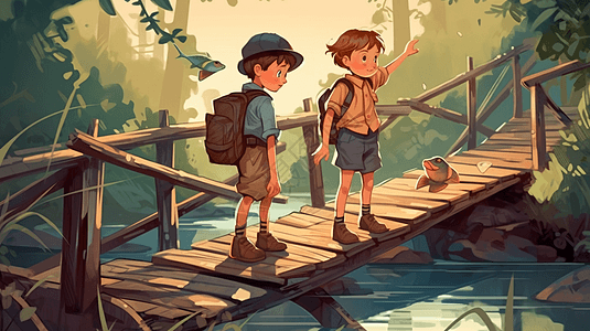两个孩子在木桥上玩图片