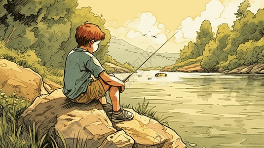 男孩坐在河边钓鱼图片