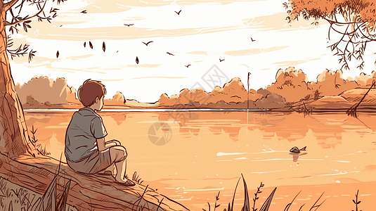 一个男孩坐在河边图片