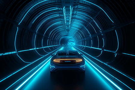 蓝光隧道里的智能汽车图片