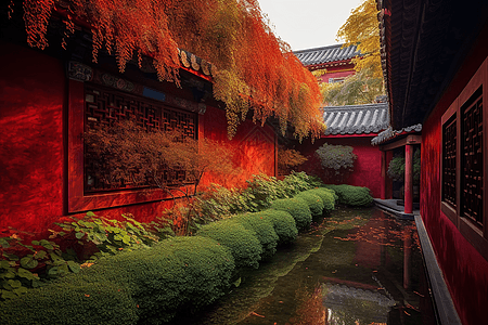 红墙上的花园背景图片