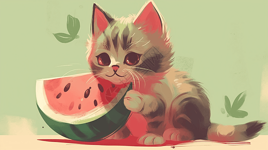 顽皮的小猫吃西瓜图片