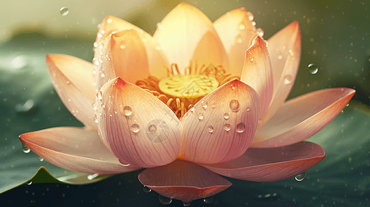 花瓣雨露珠莲花的特写设计图片