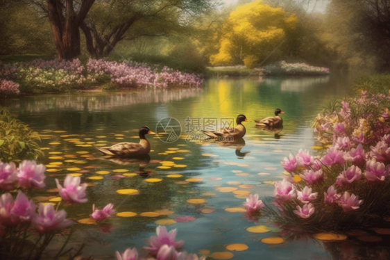春季景花池鸭图片