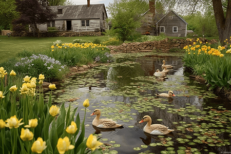 春天的乡村场景花池鸭图片