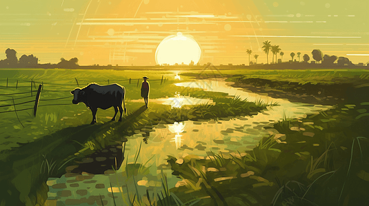 水稻播种夕阳下的水牛插画