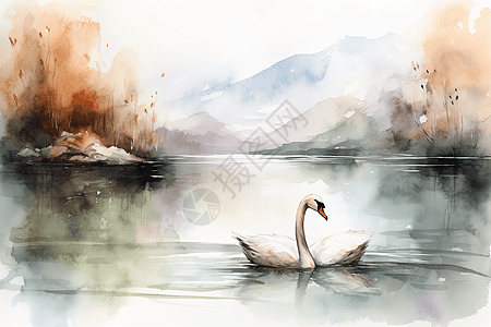 水墨手绘湖中的天鹅图片