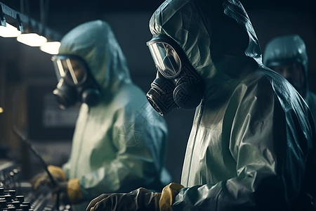 易燃易爆危险品穿着防护服的化工厂工人背景