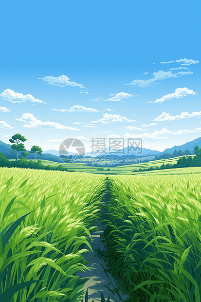 晴空万里的稻田图片