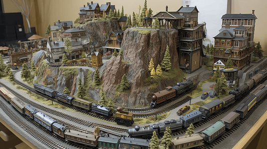 全模型火车包围的村庄背景图片