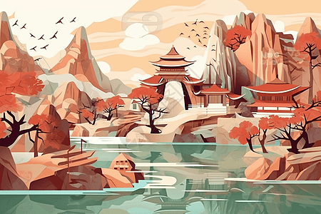 中国古代景观插图背景图片