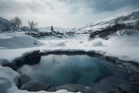 地热温泉被雪包围的温泉池背景