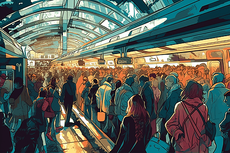 清晨，高峰时段拥挤的火车站插图背景图片