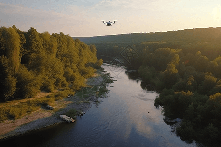 无人机飞跃河道背景图片