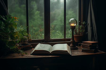 在下雨的窗前翻开书阅读背景图片