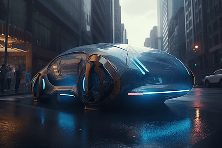 一辆未来的透明车辆在繁忙的城市街道上图片