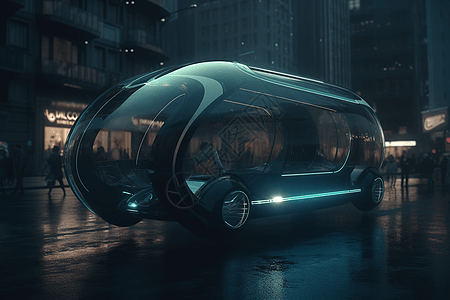 一辆未来的透明车辆在城市街道上图片