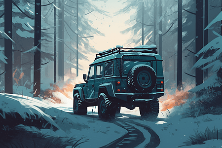 吉普车在白雪皑皑的森林图片