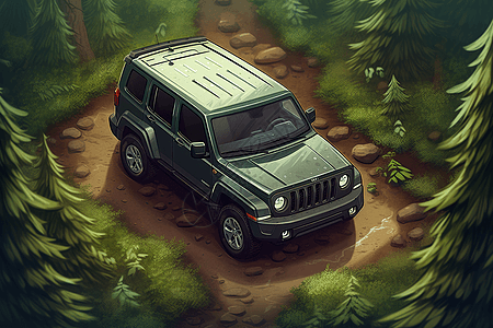 森林里的吉普车插画图片