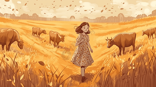 可爱小女孩走过一片金色的稻田地图片