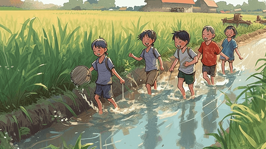 一群孩子穿过稻田图片